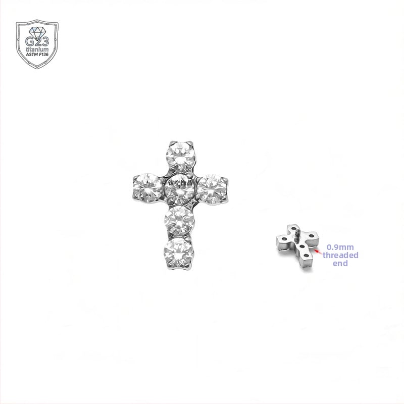 Kryžiaus formos auskarai iš titano lydinio, 5A cirkonio įklija, universalus dizainas, deimantinė apdaila