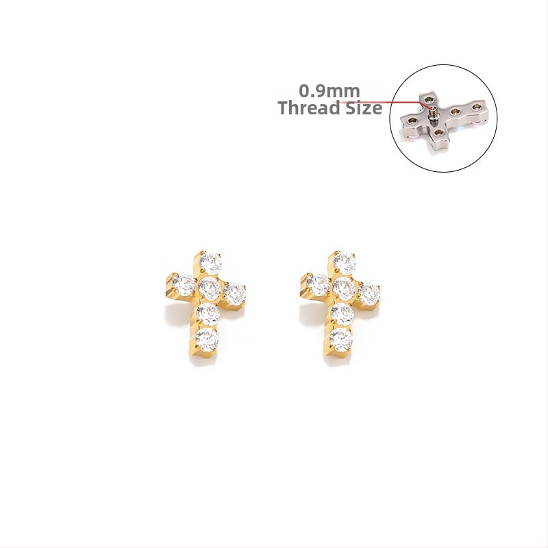 Kryžiaus formos auskarai iš titano lydinio, 5A cirkonio įklija, universalus dizainas, deimantinė apdaila