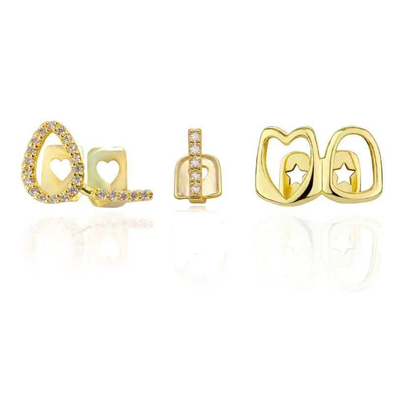 Dantų aksesuaras su cirkonio akmenimis, tuščiaviduris dvigubas dizainas, 18K dengtas varis, kristalų akcentai