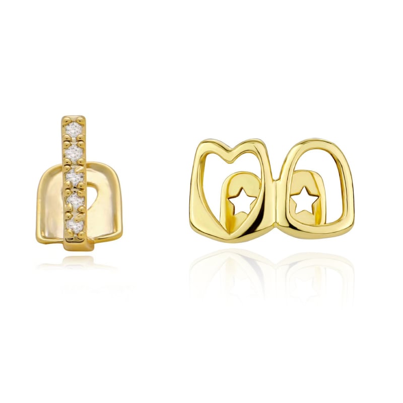 Dantų aksesuaras su cirkonio akmenimis, tuščiaviduris dvigubas dizainas, 18K dengtas varis, kristalų akcentai