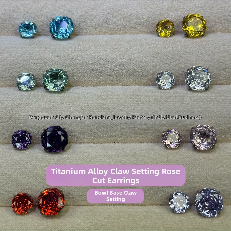 Renxiang auskarai iš titano lydinio F136, aštuoniakampis rožių pjovimo cirkonas, nagų laikiklis, grynumas G23