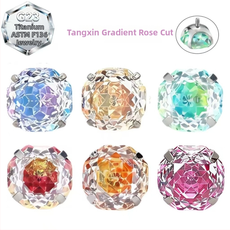 Prsteň na jazyk – Rose-cut, titánová zliatina, geometrický tvar, zirkón, osadený diamantmi