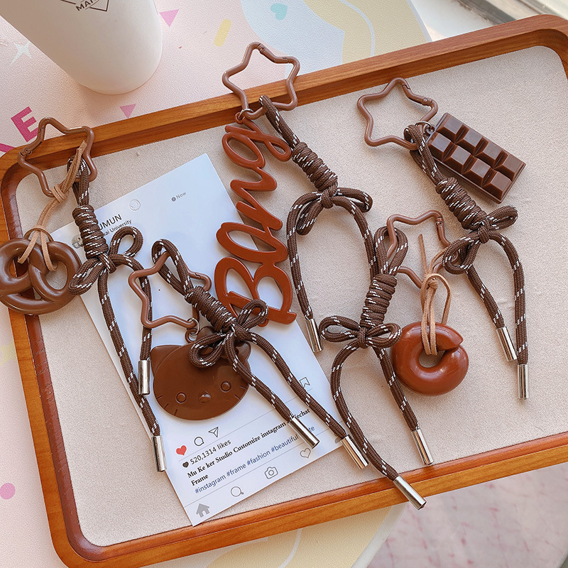 Κλειδοθήκη HD12123: σοκολατένιο μπέγκελ με ύφαντό σκοινί, διακοσμητικό για τσάντες, κορεατικό στυλ. Μάρκα Lemon Peach, μικτά υλικά.