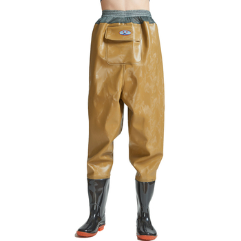 Vidukļa garuma PVC makšķerēšanas bikses ar 1 kabatu un integrētām lietus zābakiem, izturīgs adījuma audums, biezums 0,55–0,85 mm