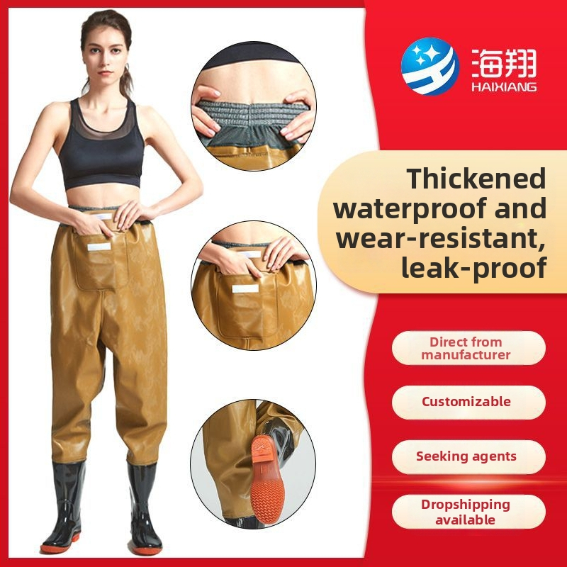 Vidukļa garuma PVC makšķerēšanas bikses ar 1 kabatu un integrētām lietus zābakiem, izturīgs adījuma audums, biezums 0,55–0,85 mm