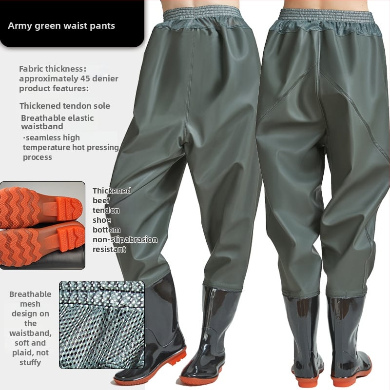 Vidukļa garuma PVC makšķerēšanas bikses ar 1 kabatu un integrētām lietus zābakiem, izturīgs adījuma audums, biezums 0,55–0,85 mm