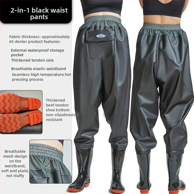 Vidukļa garuma PVC makšķerēšanas bikses ar 1 kabatu un integrētām lietus zābakiem, izturīgs adījuma audums, biezums 0,55–0,85 mm