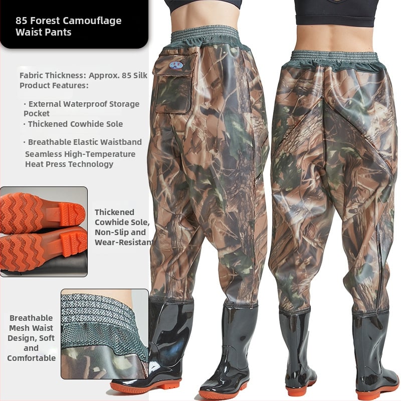 Vidukļa garuma PVC makšķerēšanas bikses ar 1 kabatu un integrētām lietus zābakiem, izturīgs adījuma audums, biezums 0,55–0,85 mm