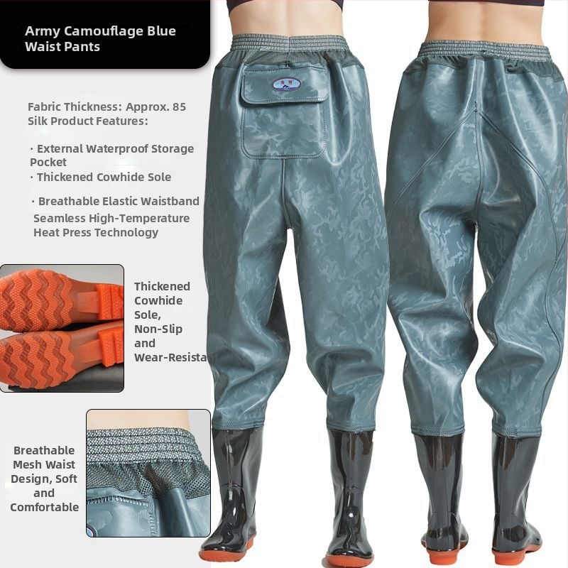 Vidukļa garuma PVC makšķerēšanas bikses ar 1 kabatu un integrētām lietus zābakiem, izturīgs adījuma audums, biezums 0,55–0,85 mm