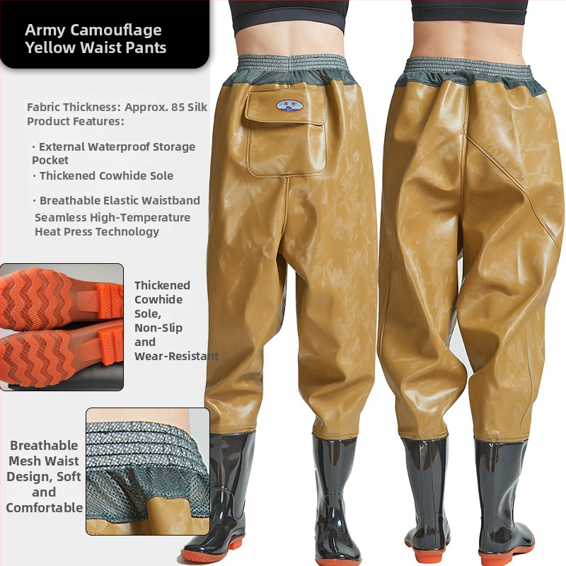 Vidukļa garuma PVC makšķerēšanas bikses ar 1 kabatu un integrētām lietus zābakiem, izturīgs adījuma audums, biezums 0,55–0,85 mm