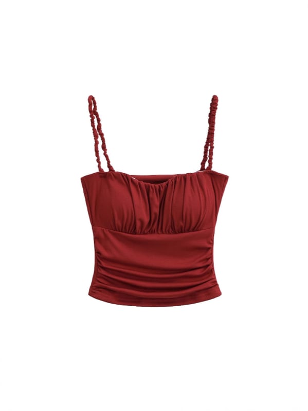 Слим-фит презрамков топ със подплънка за бюст, плисиран детайл, къса дължина, rayon материя 80–90%