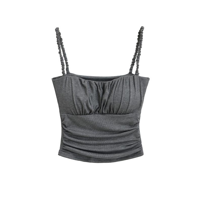 Слим-фит презрамков топ със подплънка за бюст, плисиран детайл, къса дължина, rayon материя 80–90%