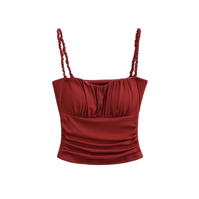 Слим-фит презрамков топ със подплънка за бюст, плисиран детайл, къса дължина, rayon материя 80–90%