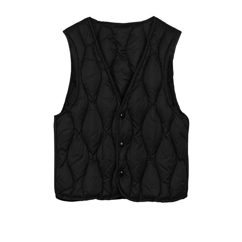 Женска пухена жилетка, тънък силует, пух от бял патешки пух, V-образно деколте, къса дължина, полиестерна тъкан