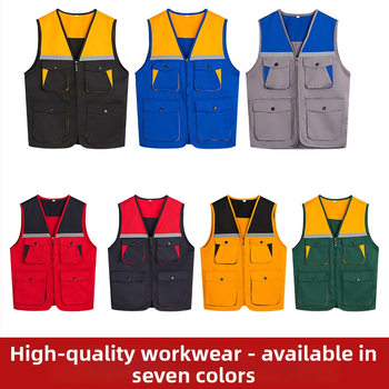 Mitme taskuga vest isikliku logoga trükiga — V-kaelus, tõmblukk, 100% polüester