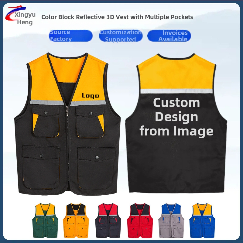 Mitme taskuga vest isikliku logoga trükiga — V-kaelus, tõmblukk, 100% polüester