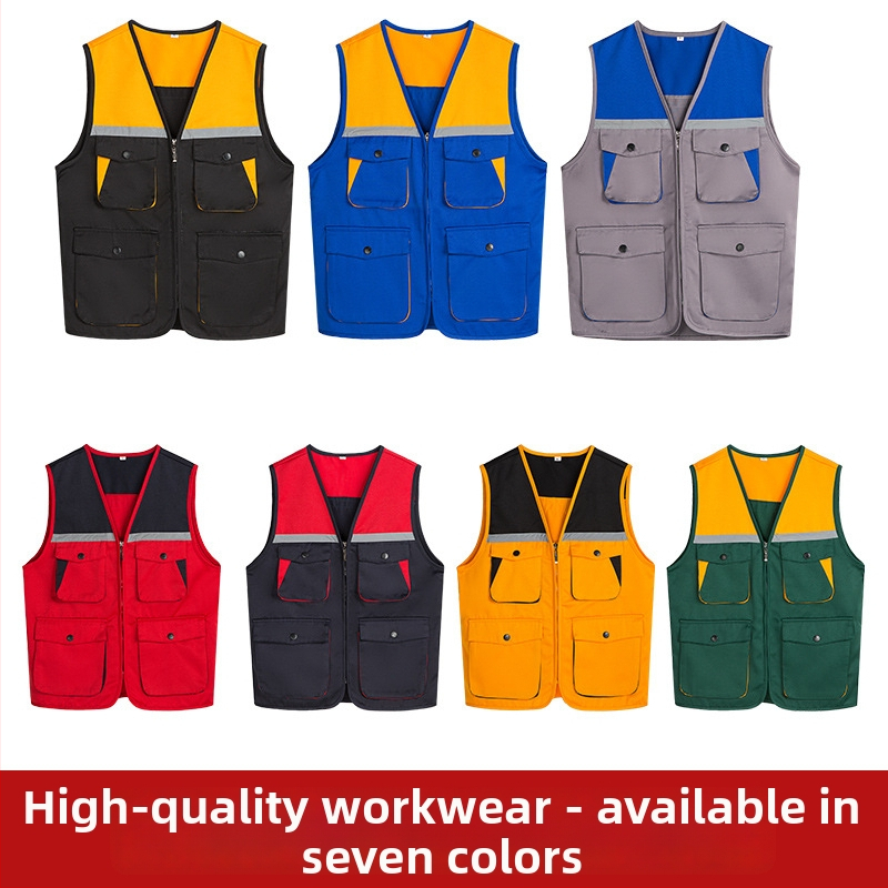 Mitme taskuga vest isikliku logoga trükiga — V-kaelus, tõmblukk, 100% polüester