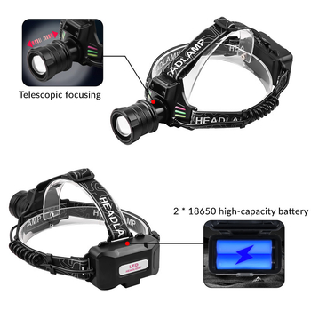 Frontala LED cu display digital, încărcare USB, 10W, carcasă din aliaj de aluminiu, 2x baterii 18650, fascicul lung