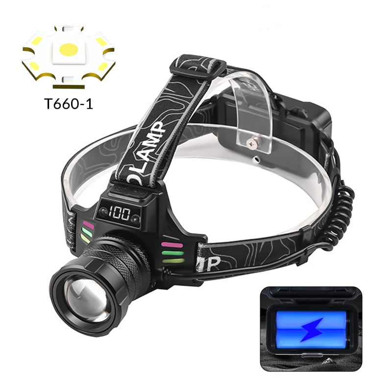 Frontala LED cu display digital, încărcare USB, 10W, carcasă din aliaj de aluminiu, 2x baterii 18650, fascicul lung