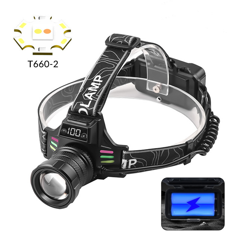 Frontala LED cu display digital, încărcare USB, 10W, carcasă din aliaj de aluminiu, 2x baterii 18650, fascicul lung