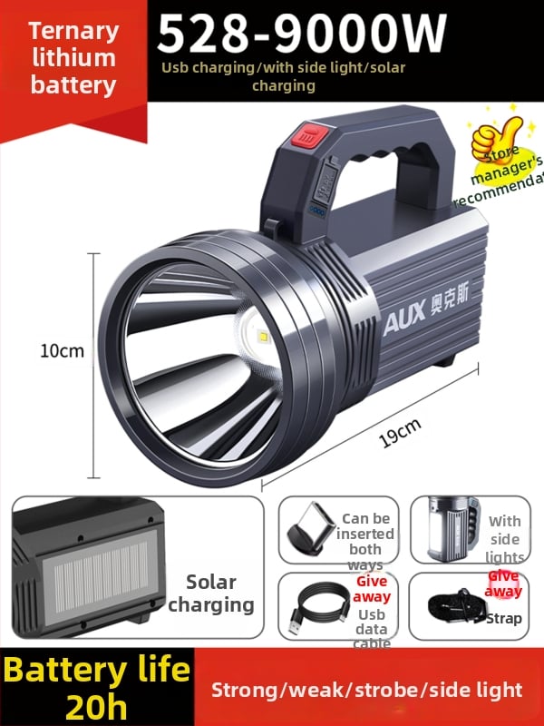 Įkraunamas LED žibintuvas | Ultra ryškus lauke, ilgas nuotolis | 5500–9900W, LED, ABS, nuotolis 500 m+