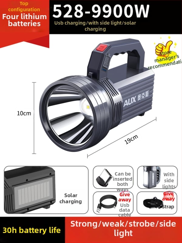 Įkraunamas LED žibintuvas | Ultra ryškus lauke, ilgas nuotolis | 5500–9900W, LED, ABS, nuotolis 500 m+