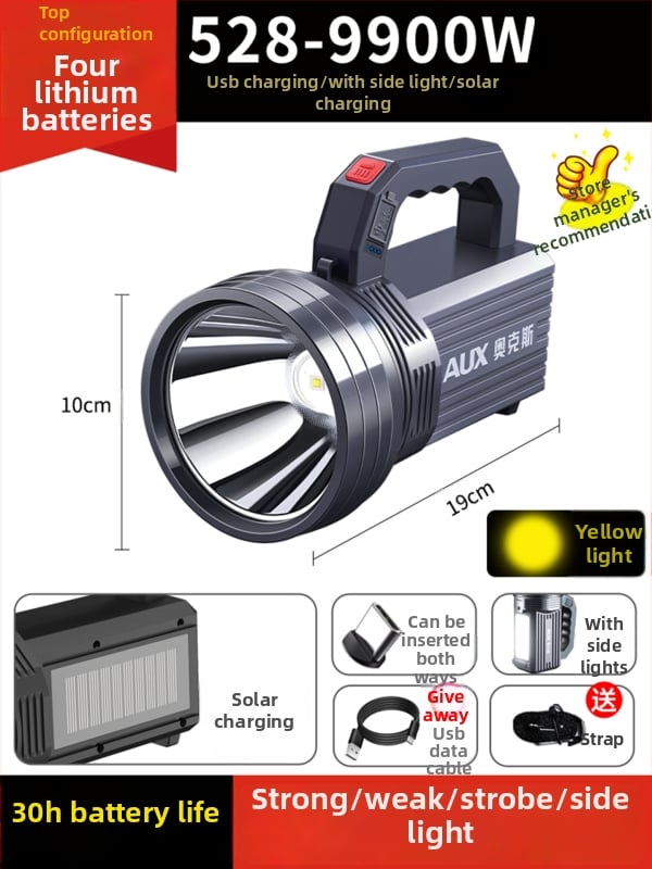 Įkraunamas LED žibintuvas | Ultra ryškus lauke, ilgas nuotolis | 5500–9900W, LED, ABS, nuotolis 500 m+