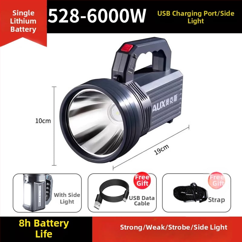 Įkraunamas LED žibintuvas | Ultra ryškus lauke, ilgas nuotolis | 5500–9900W, LED, ABS, nuotolis 500 m+