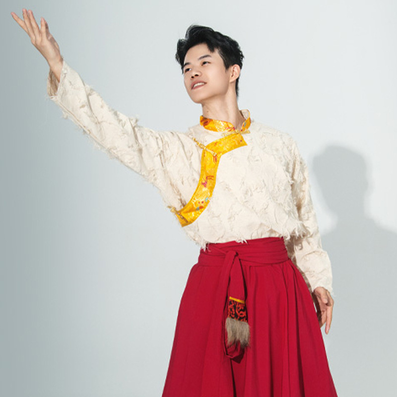 Vīriešu Tibetas tautas deju apģērbs, lina 95%+, kokvilnas-lina audums, rudens 2025