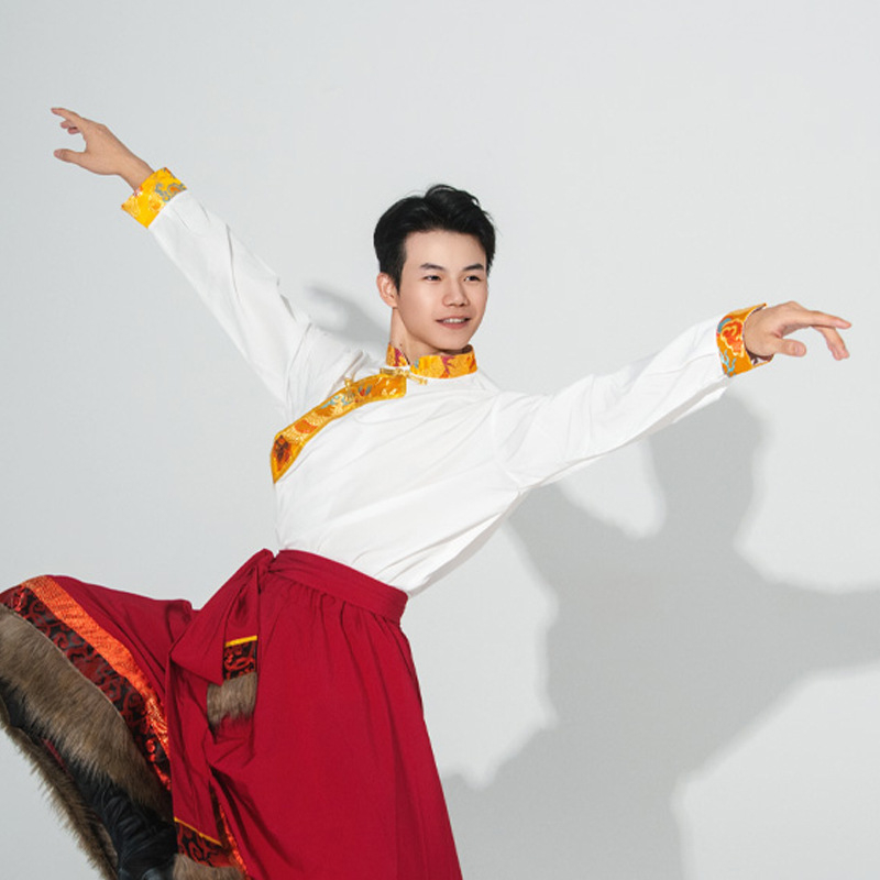 Vīriešu Tibetas tautas deju apģērbs, lina 95%+, kokvilnas-lina audums, rudens 2025