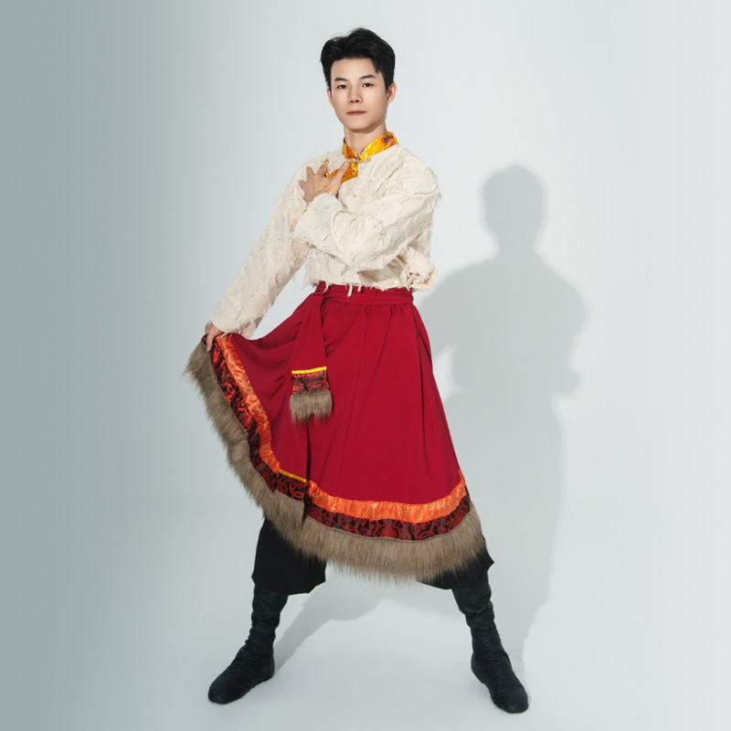 Vīriešu Tibetas tautas deju apģērbs, lina 95%+, kokvilnas-lina audums, rudens 2025