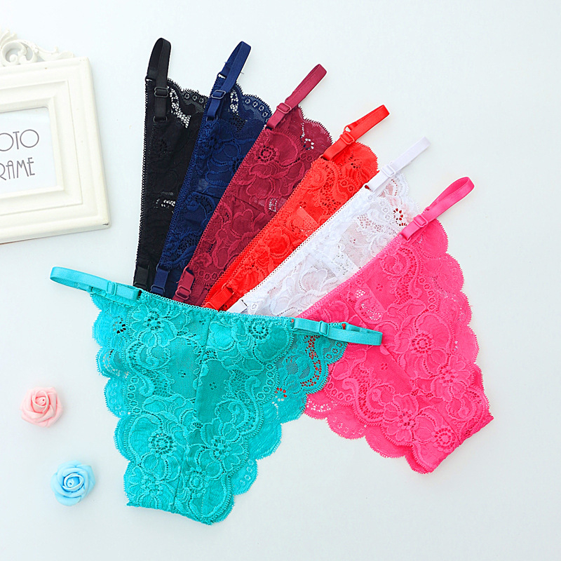 Sievietēm mežģīņu tangas bikini biksītes – zems viduklis, vienkrāsains, neilons 90–95%, kokvilnas oderējums