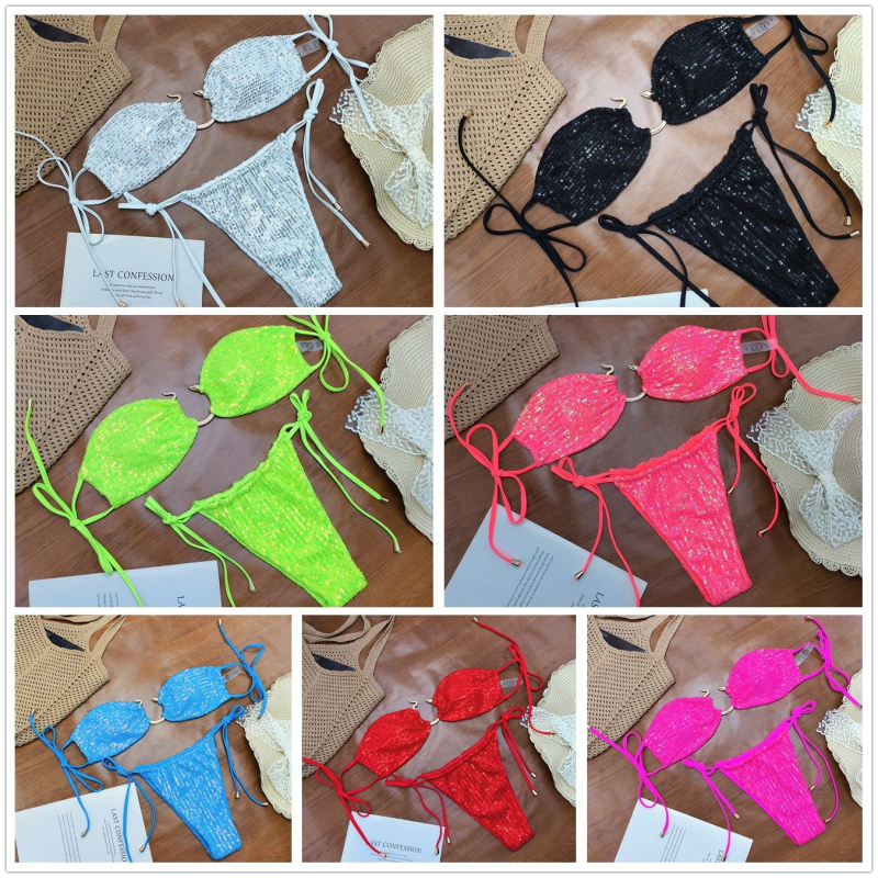 Dvije-dijelni bikini kupaći kostim s hadjim akcentom šljokica; materijal 80% poliester; podstava 80% najlon; težina tkanine 180 g; jastučići za dojke; bez metalne potpore