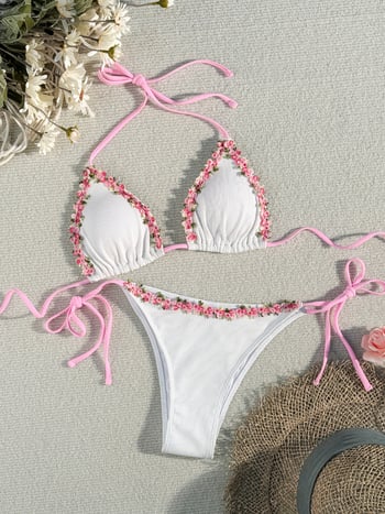 Ženski bikini set: seksi floralni uzorak, naramenice, 3D čipka, leđni otvor, visoka elastičnost, umetak za dojke, najlon tkanina, mješavina poliestera 95/5, podstava poliester