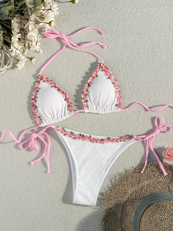 Ženski bikini set: seksi floralni uzorak, naramenice, 3D čipka, leđni otvor, visoka elastičnost, umetak za dojke, najlon tkanina, mješavina poliestera 95/5, podstava poliester