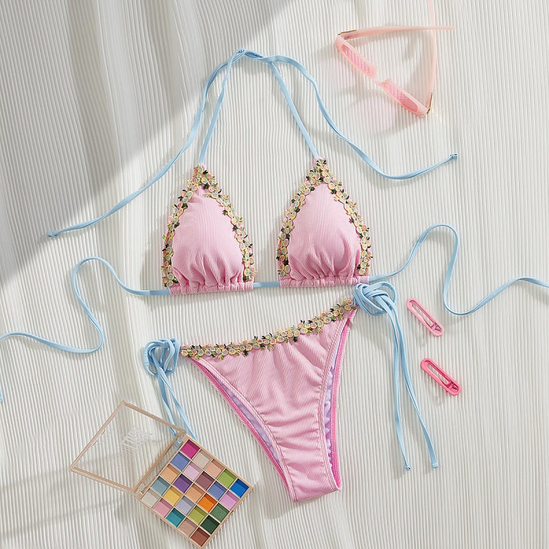 Ženski bikini set: seksi floralni uzorak, naramenice, 3D čipka, leđni otvor, visoka elastičnost, umetak za dojke, najlon tkanina, mješavina poliestera 95/5, podstava poliester