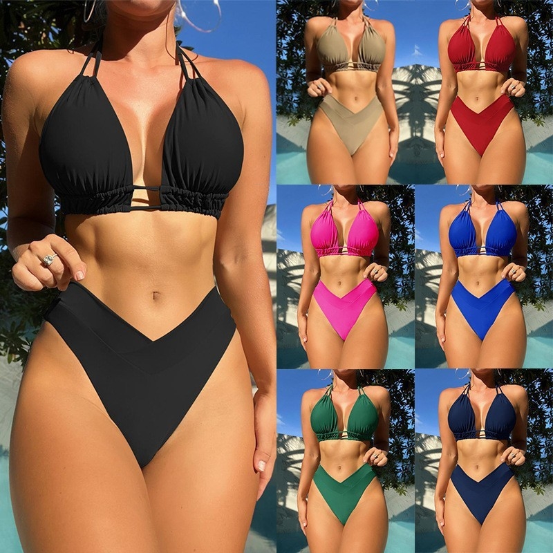 Ženski dvodijelni bikini: najlonska tkanina, umetci za grudi, bez čelične potpore, jedinstven jednobojni uzorak, za plivanje