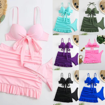 Sieviešu trīsdaļīgs peldkostīms ar svārciņa apakšu un pārklājumu, uzpildīta krūšu daļa, neilons ar elastānu, bez Piedurknēm