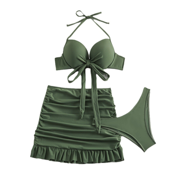 Sieviešu trīsdaļīgs peldkostīms ar svārciņa apakšu un pārklājumu, uzpildīta krūšu daļa, neilons ar elastānu, bez Piedurknēm