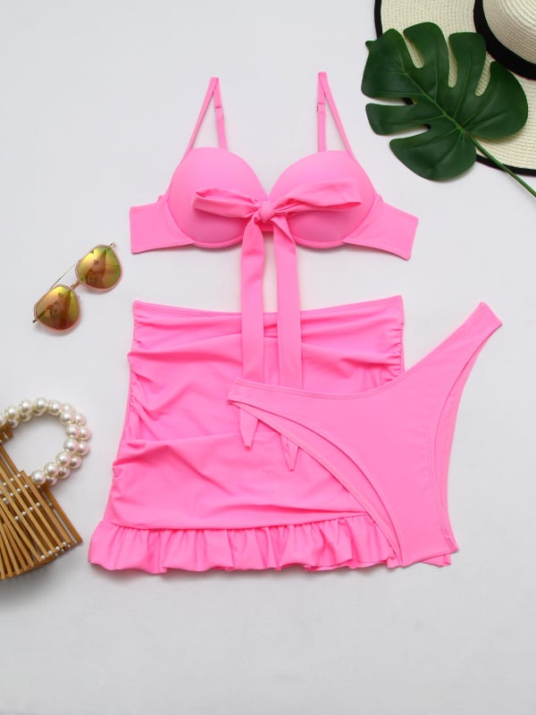 Sieviešu trīsdaļīgs peldkostīms ar svārciņa apakšu un pārklājumu, uzpildīta krūšu daļa, neilons ar elastānu, bez Piedurknēm