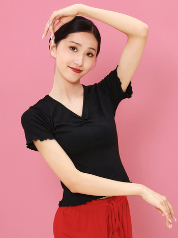 Sieviešu deju tops ar īsām piedurknēm un V-veida kaklu, šaura silueta, Modal audums, vasara 2025