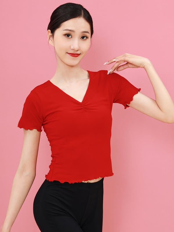 Sieviešu deju tops ar īsām piedurknēm un V-veida kaklu, šaura silueta, Modal audums, vasara 2025