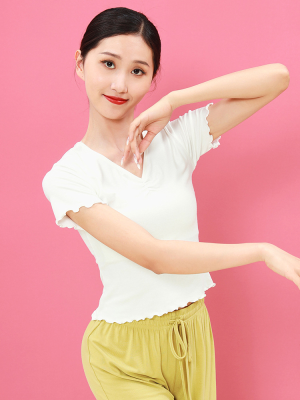 Sieviešu deju tops ar īsām piedurknēm un V-veida kaklu, šaura silueta, Modal audums, vasara 2025