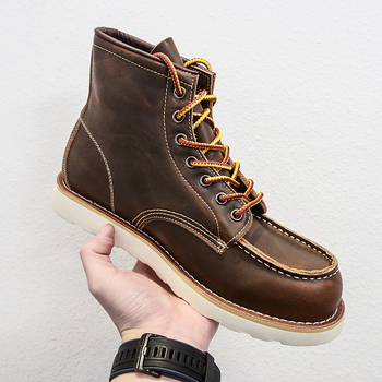 Vintage Martin zābaki, vidēja augstuma, virsējā daļa no divslāņu liellādas ādas, Goodyear šuvju gumijas zole, apaļa purns