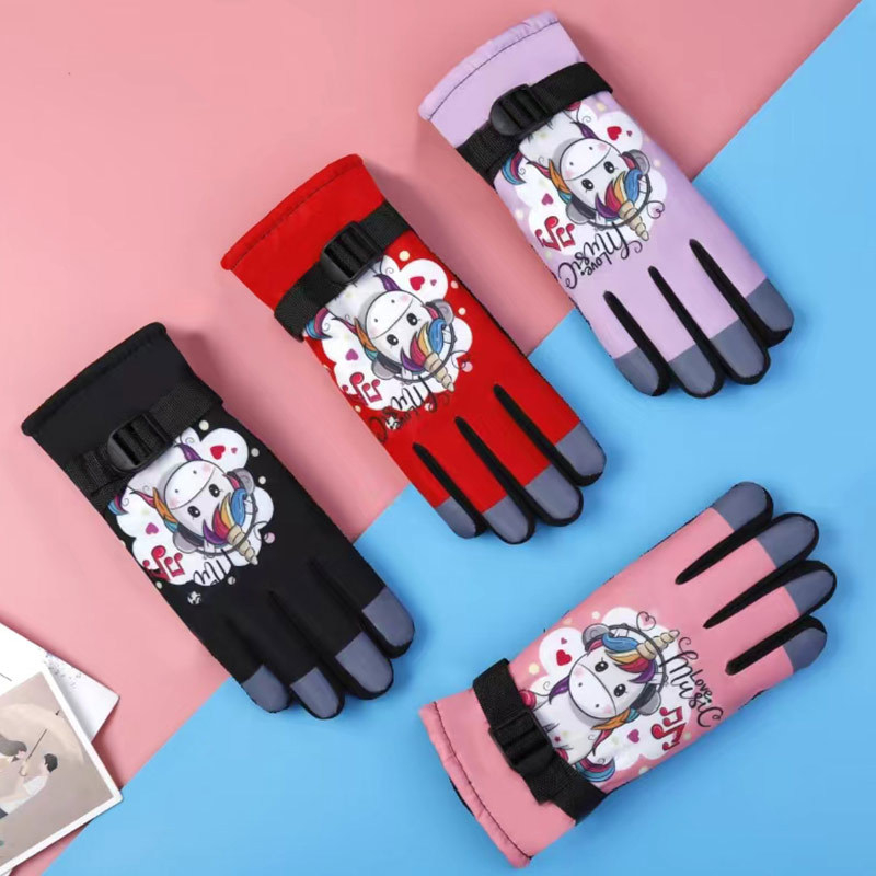 Dječje zimske rukavice za skijanje, s fleece podstavom, otporne na vjetar i vodonepropusne, najlon materijal, s karikaturalnim uzorkom