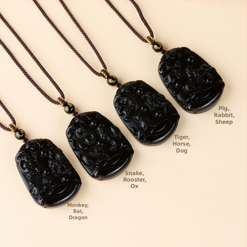 Ogrlica od obsidijana sa dvanaest znamenja zodijaka, gravirano, kineski retro stil