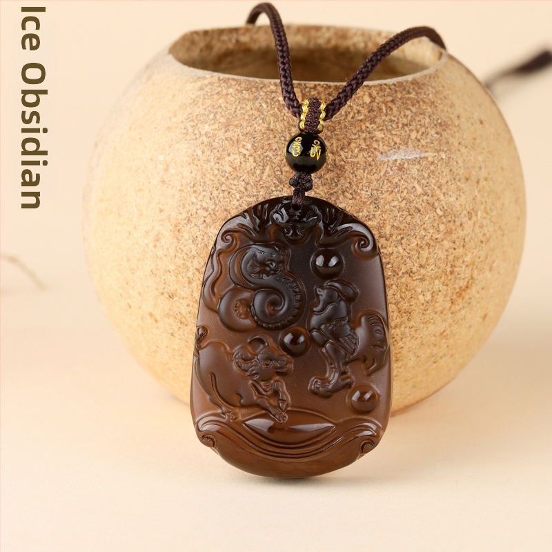 Ogrlica od obsidijana sa dvanaest znamenja zodijaka, gravirano, kineski retro stil