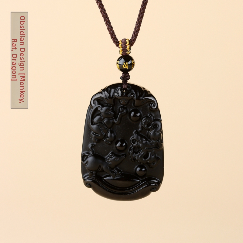 Ogrlica od obsidijana sa dvanaest znamenja zodijaka, gravirano, kineski retro stil