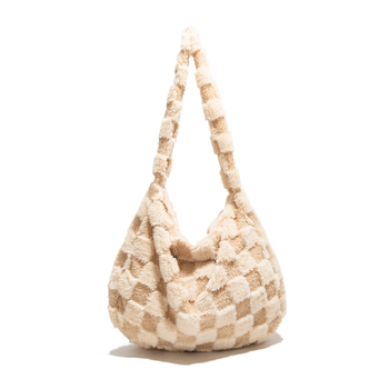 Haonna pūkaina tote soma ar horizontālu kvadrātformu un rāvējslēdzēja aizvēršanu