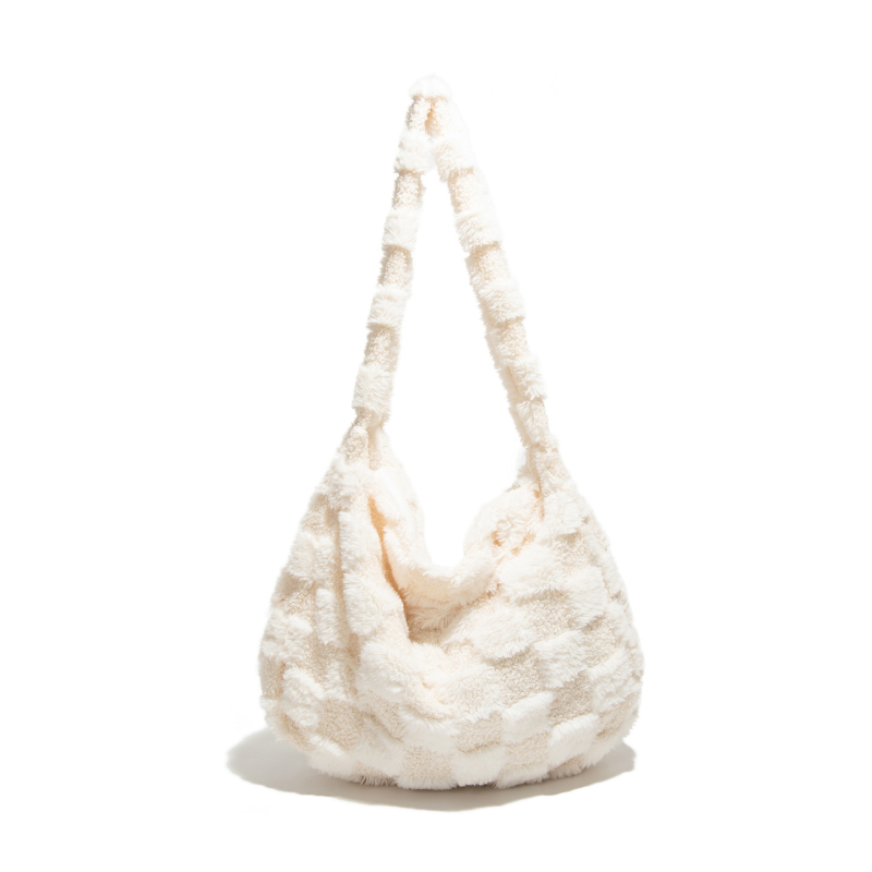 Haonna pūkaina tote soma ar horizontālu kvadrātformu un rāvējslēdzēja aizvēršanu